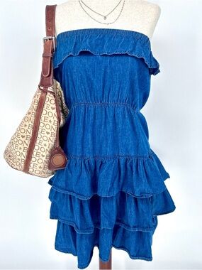 Y2K Denim Ruffle Mini Dress Strapless Babydoll Cowgirl Fairy Core